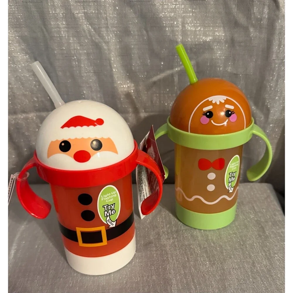 Light-Up Plastic 16oz Santa & Gingerbread Man Sippy Cups Dome Lid & Straw Handle